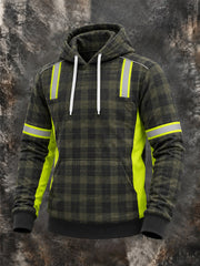 Men's Outdoor Plaid-Panel Work Print Oversized Drop-Shoulder Hoodie with Pockets