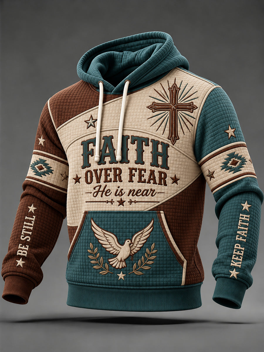 Men's Faith Over Fear Color-block Print Checkered Cotton Hoodie