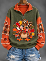 Women's Cute Thanksgiving Turkey Face Art  Casual Zippered  Sweatshirt