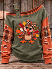 Women's Cute Thanksgiving Turkey Face Art  Casual Off-Shoulder Sweatshirt