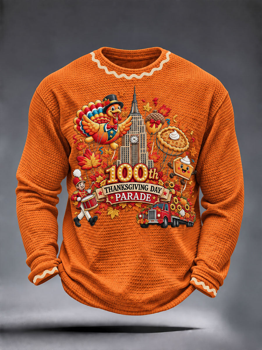 Men's Thanksgiving Parade Print Casual Waffle Long Sleeve T-Shirt