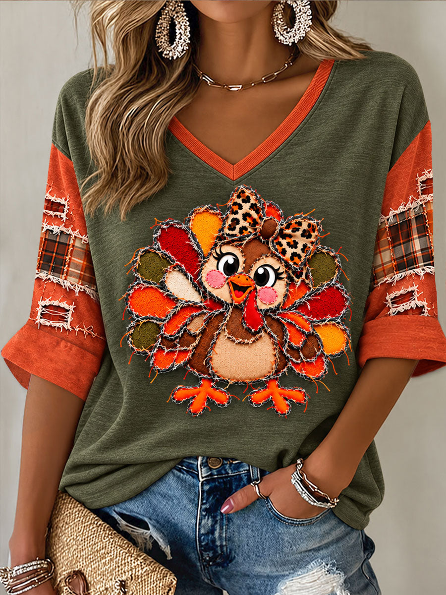 Women's Cute Thanksgiving Turkey Face Art Mid-length Sleeves V-Neck T-Shirt