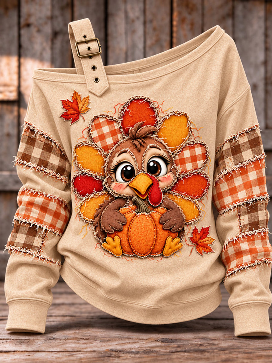 Women's Cute Thanksgiving Turkey Face Art  Casual Off-Shoulder Sweatshirt