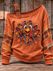 Women's Cute Thanksgiving Turkey Art  Casual Off-Shoulder Sweatshirt
