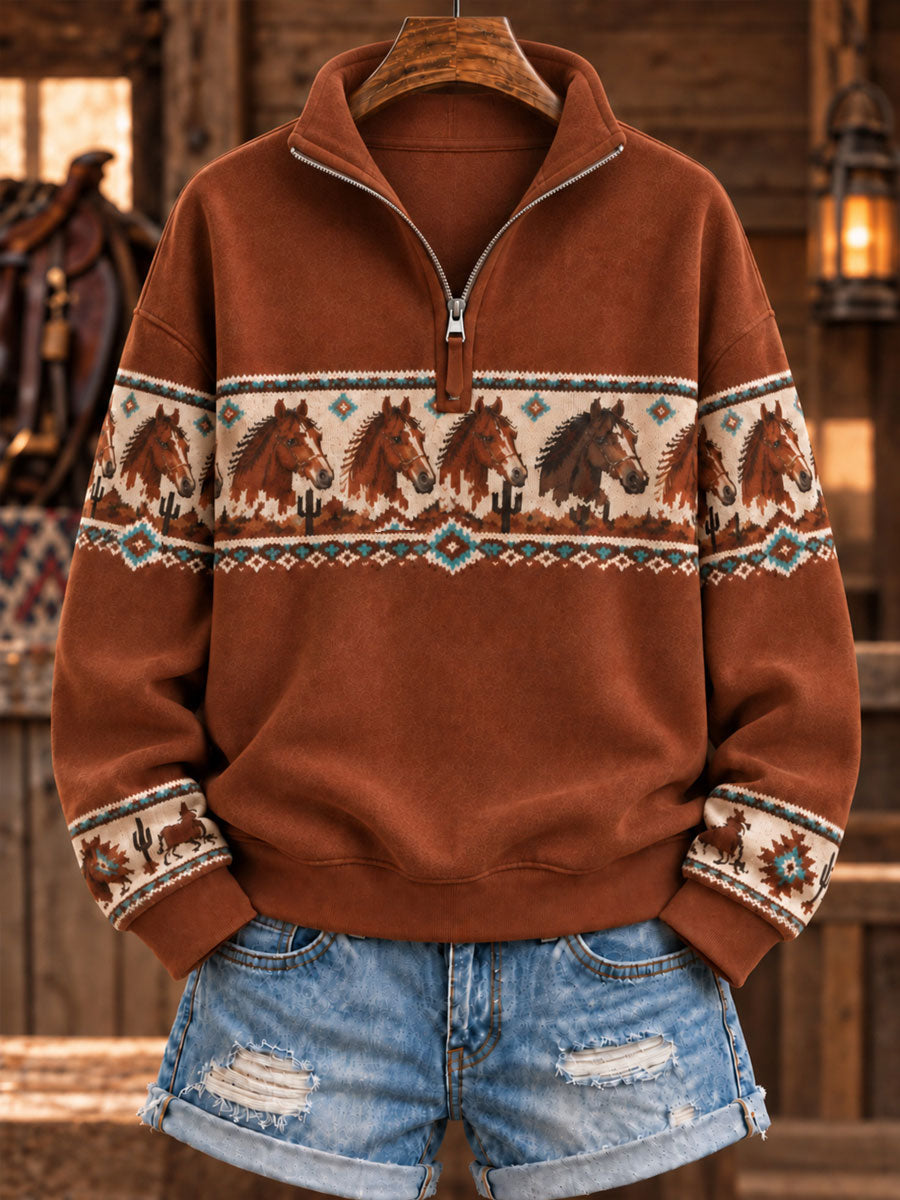 Women's Retro Western Horse Printed Zipper Hoodie