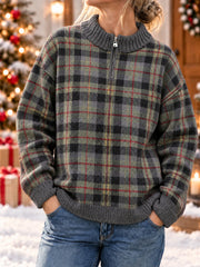 Women's Christmas Plaid Zipper Sweater