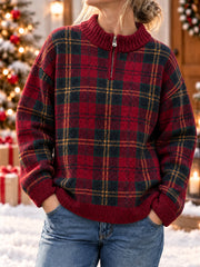Women's Christmas Plaid Zipper Sweater