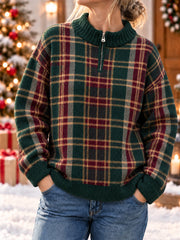 Women's Christmas Plaid Zipper Sweater