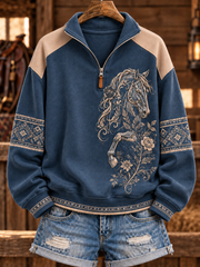 Women's Retro Western Horse Printed Zipper Hoodie