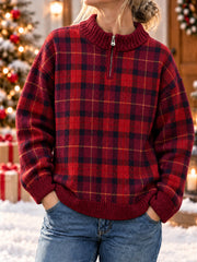 Women's Christmas Plaid Zipper Sweater