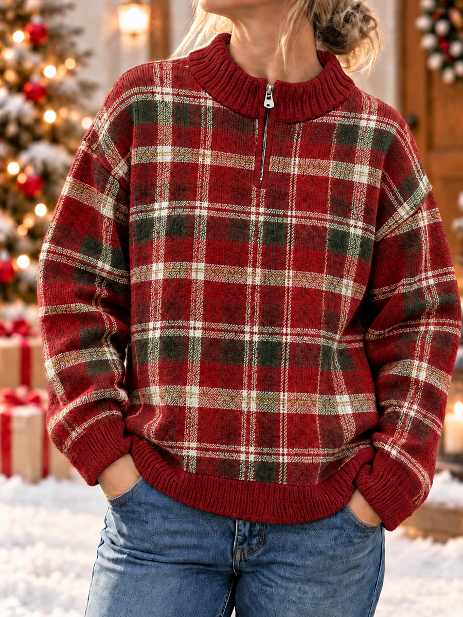 Women's Christmas Plaid Zipper Sweater