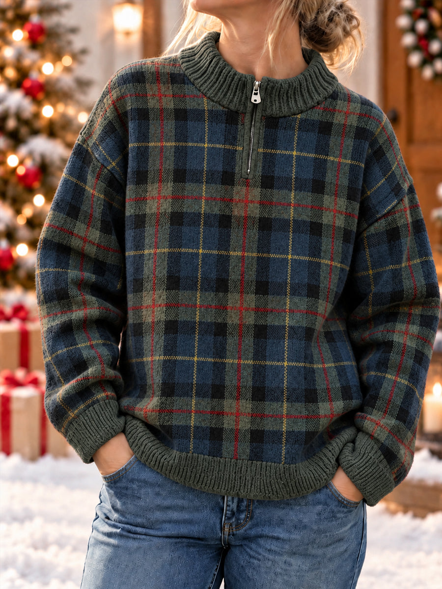 Women's Christmas Plaid Zipper Sweater