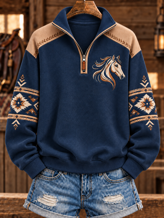 Women's Retro Western Horse Printed Zipper Hoodie