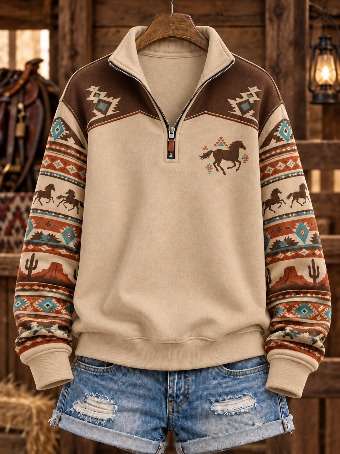 Women's Retro Western Horse Printed Zipper Hoodie