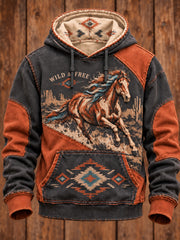 Men's Vintage Western Art Printed Oversized Drop-Shoulder Hoodie with Pockets