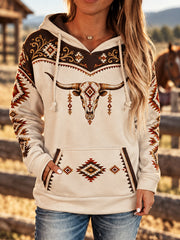 Women's Retro Western Bull Skull Aztec Print Casual Hoodie