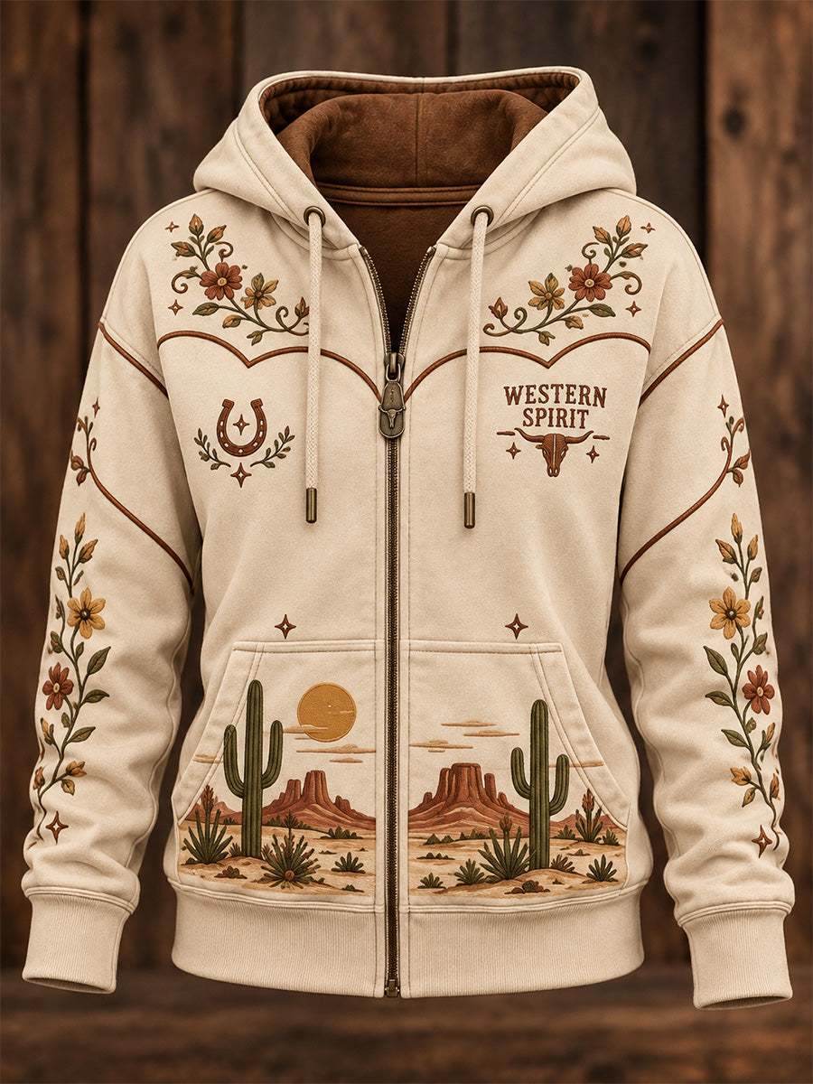 Women's Western Style Print Zip-Up Hoodie
