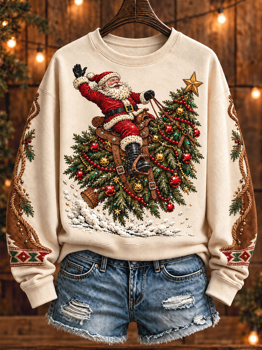Women's Funny Santa Western Style Christmas Art Printed Sweatshirt