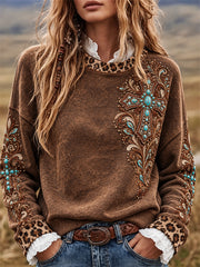 Women's Vintage Turquoise Christian Cross Western Leopard Print Sweatshirt