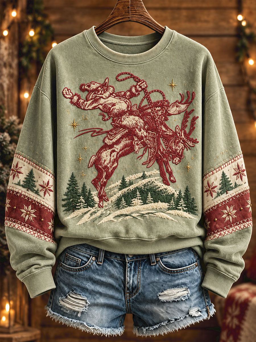 Women's Funny Santa Western Style Christmas Art Printed Sweatshirt