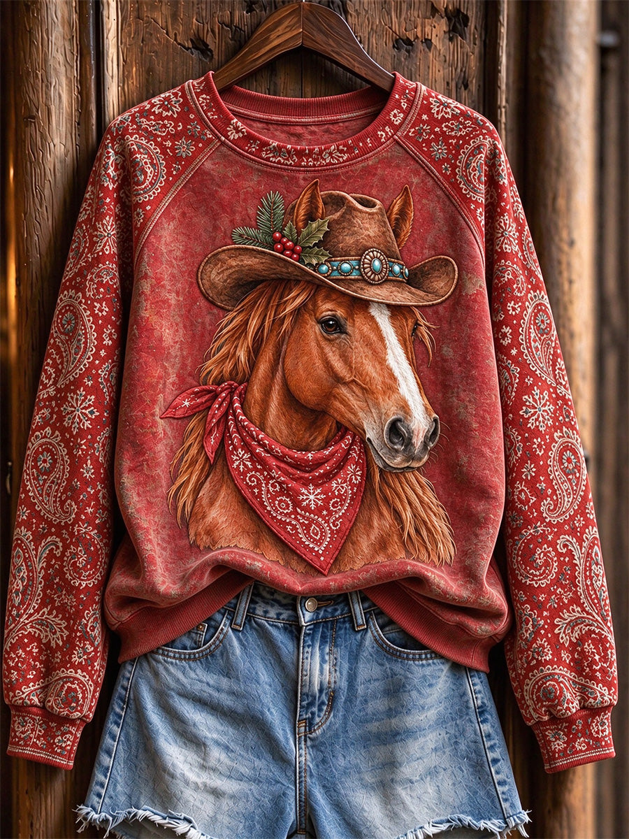 Women's Vintage Western Christmas Horse Print Raglan Sleeve Sweatshirt
