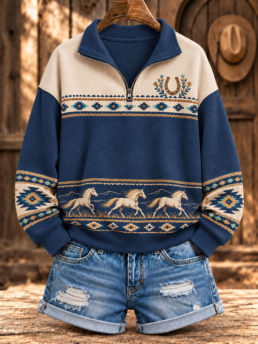 Women's Retro Western Horse Printed Zipper Hoodie