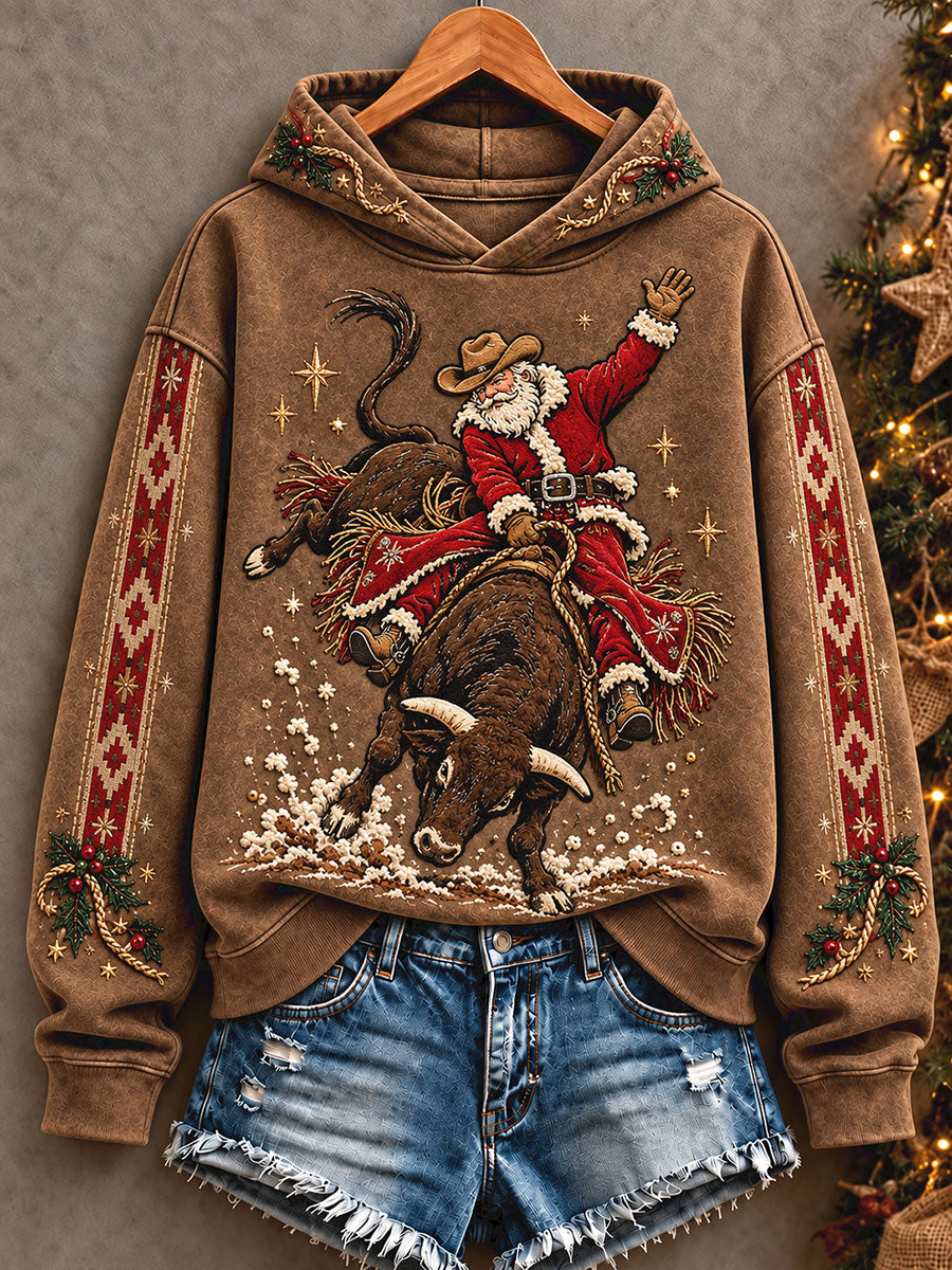 Women's Funny Santa Western Style Christmas Art Printed Hoodie