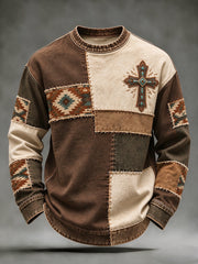Men's Vintage Western Patchwork Cross Print Sweatshirt