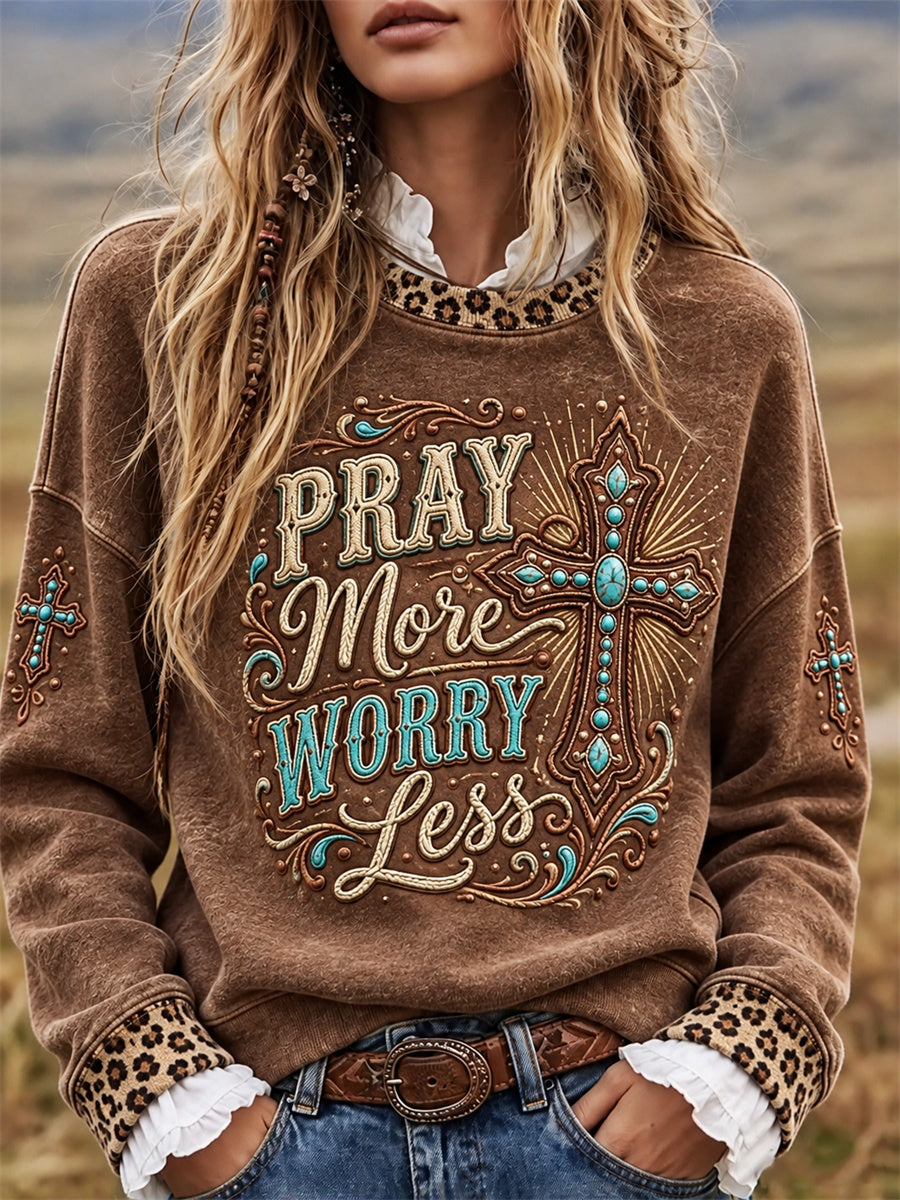 Women's Pray More Worry Less Vintage Turquoise Cross Western Leopard Print Sweatshirt