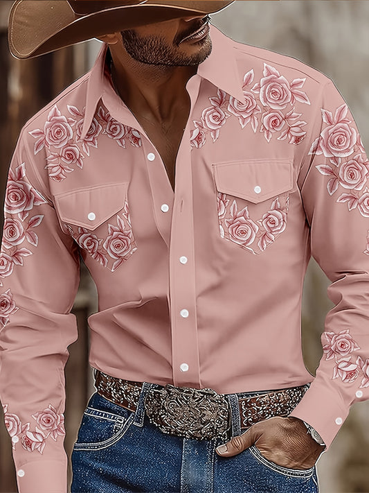 Men's Western Pink Print Long Sleeve Shirt