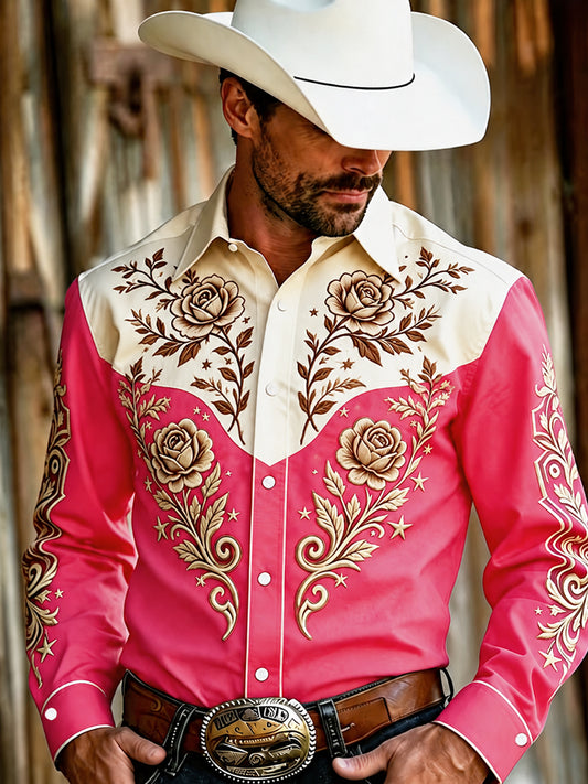 Men's Western Pink Print Long Sleeve Shirt