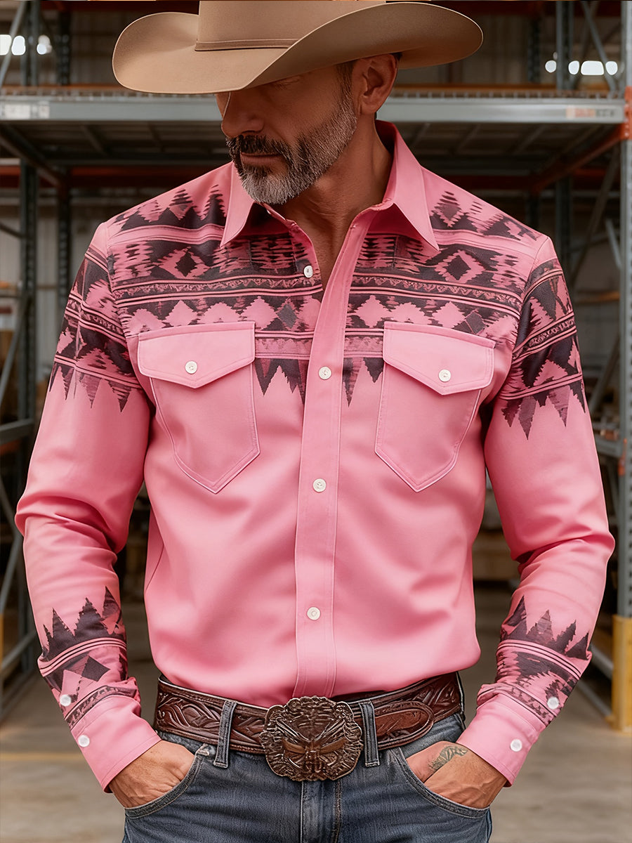 Men's Western Pink Print Long Sleeve Shirt
