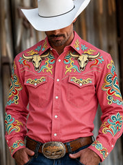 Men's Western Pink Print Long Sleeve Shirt