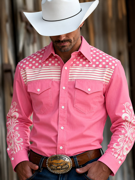Men's Western Pink Print Long Sleeve Shirt