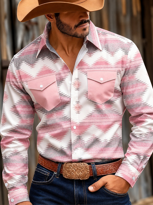 Men's Western Pink Print Long Sleeve Shirt
