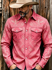 Men's Western Pink Print Long Sleeve Shirt