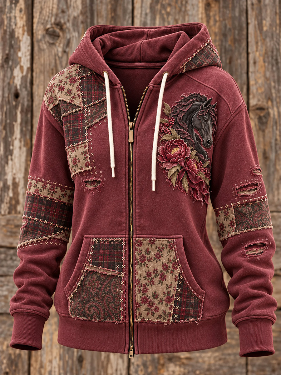 Women's Retro Western Horse Patchwork Print Casual  Zip-Up Hoodie