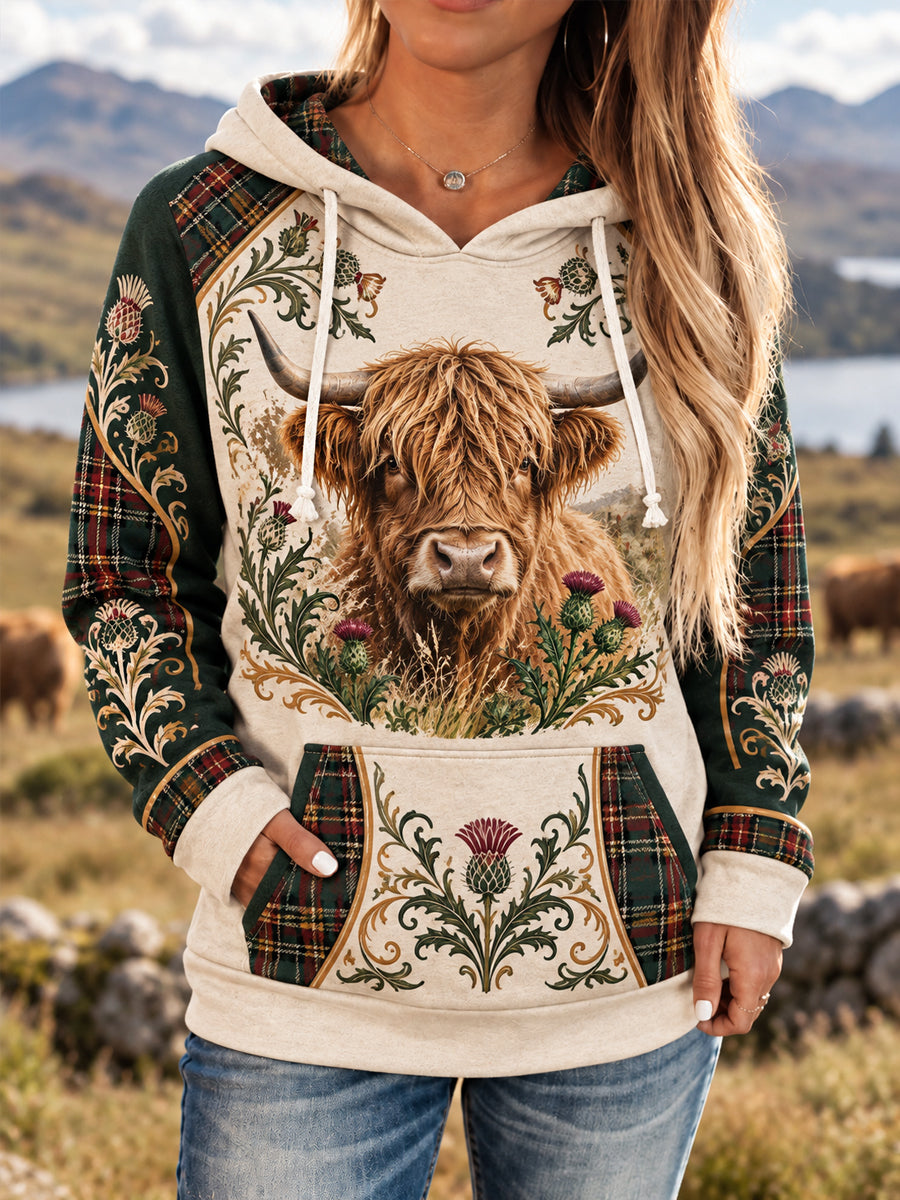 Women's Highland Cow Plaid Print Casual Hoodie