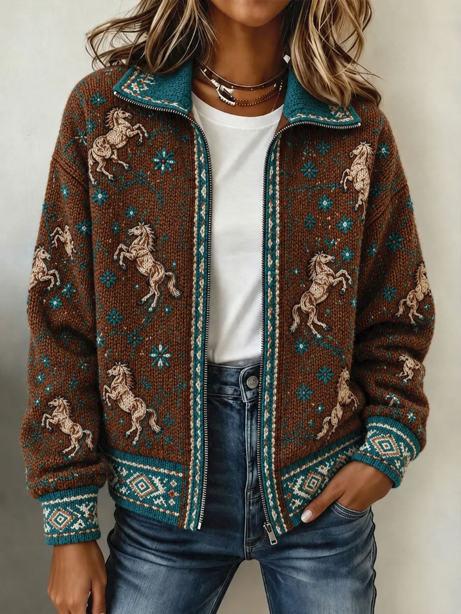 Women's Vintage Western Horse Print Casual Zip-Up Jacket
