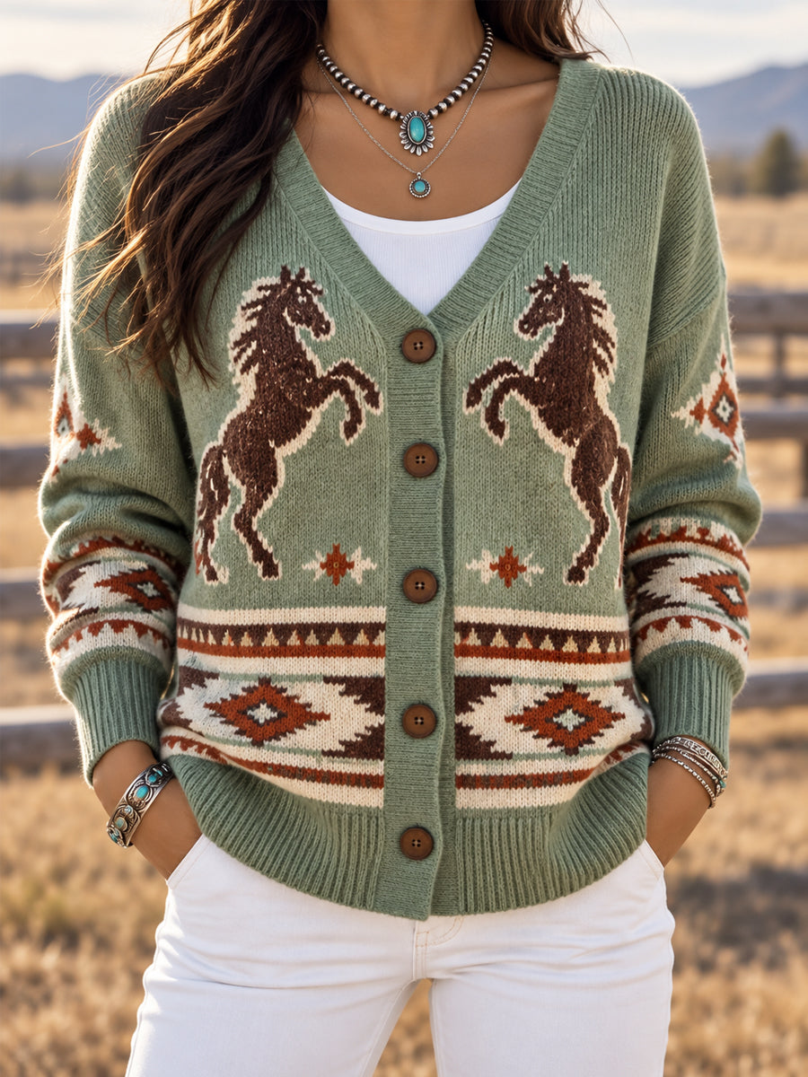 Women's Western Aztec Horse Print Casual Cardigan