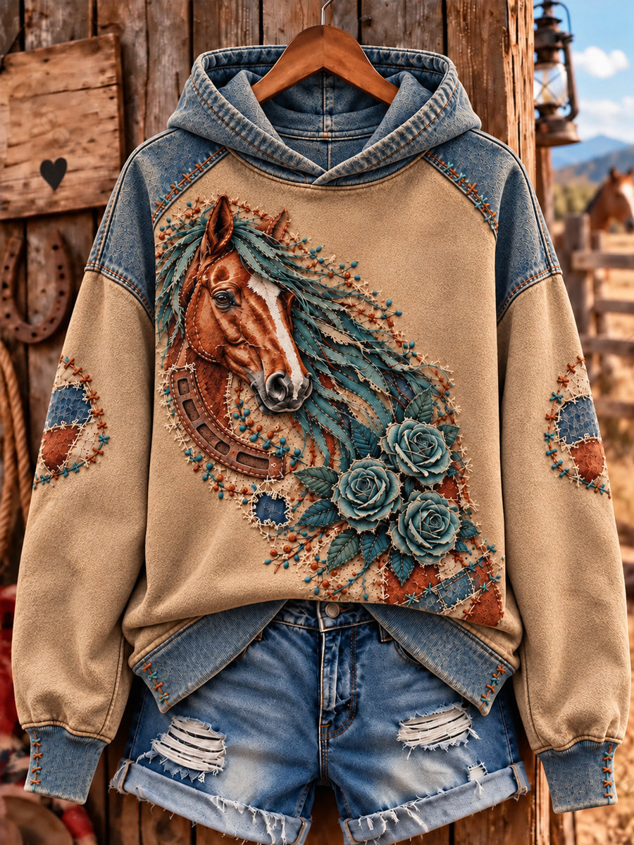 Women's Retro Western Horse Patchwork Print Casual Hoodie