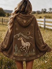 Women's Vintage Western Horse Print Casual Zip-Up Hoodie