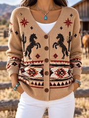 Women's Western Aztec Horse Print Casual Cardigan