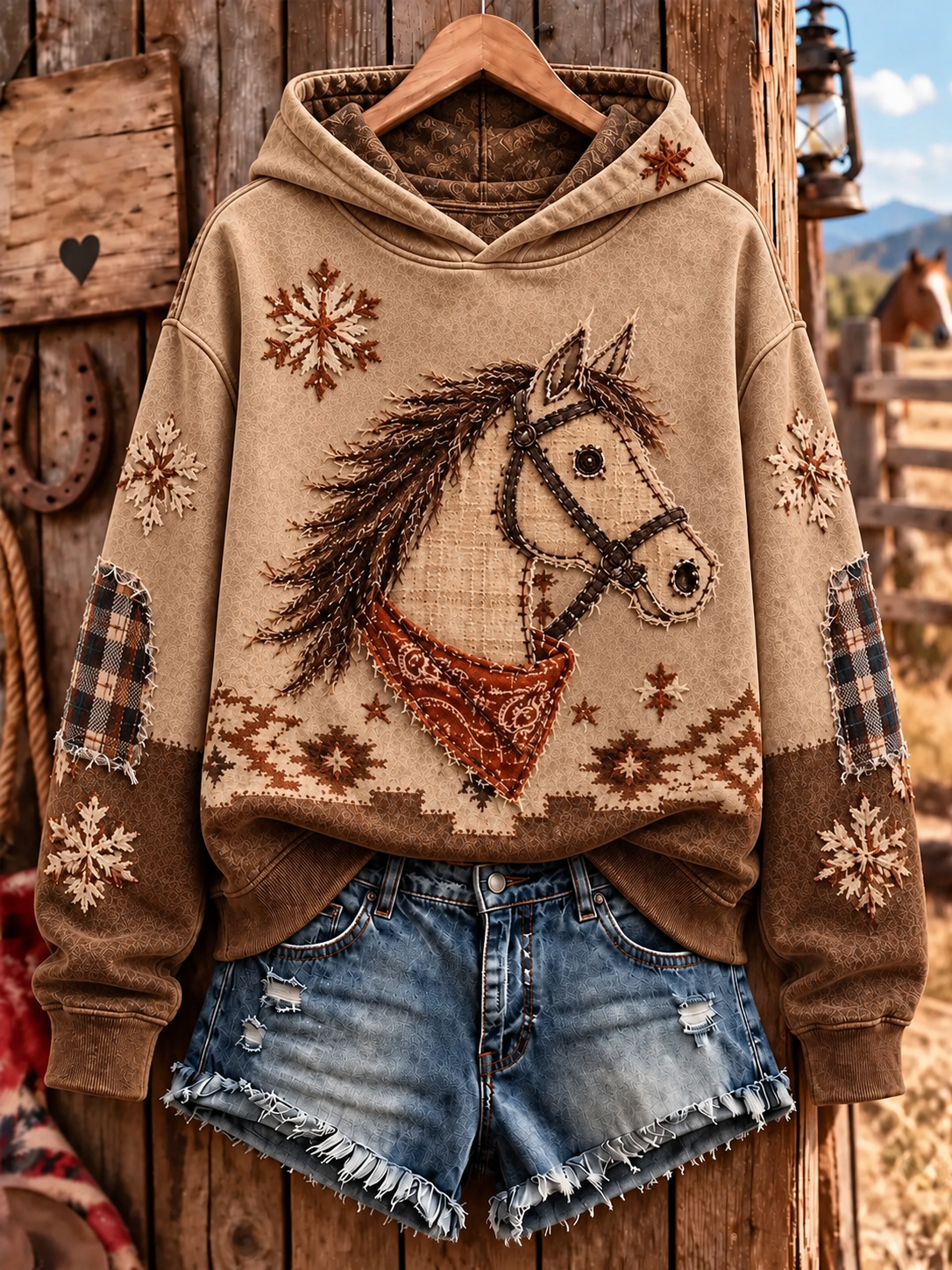 Women's Retro Western Horse Patchwork Print Casual Hoodie